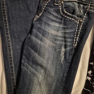 Miss Me Dark Blue Flare Jeans with Contrast Stitching